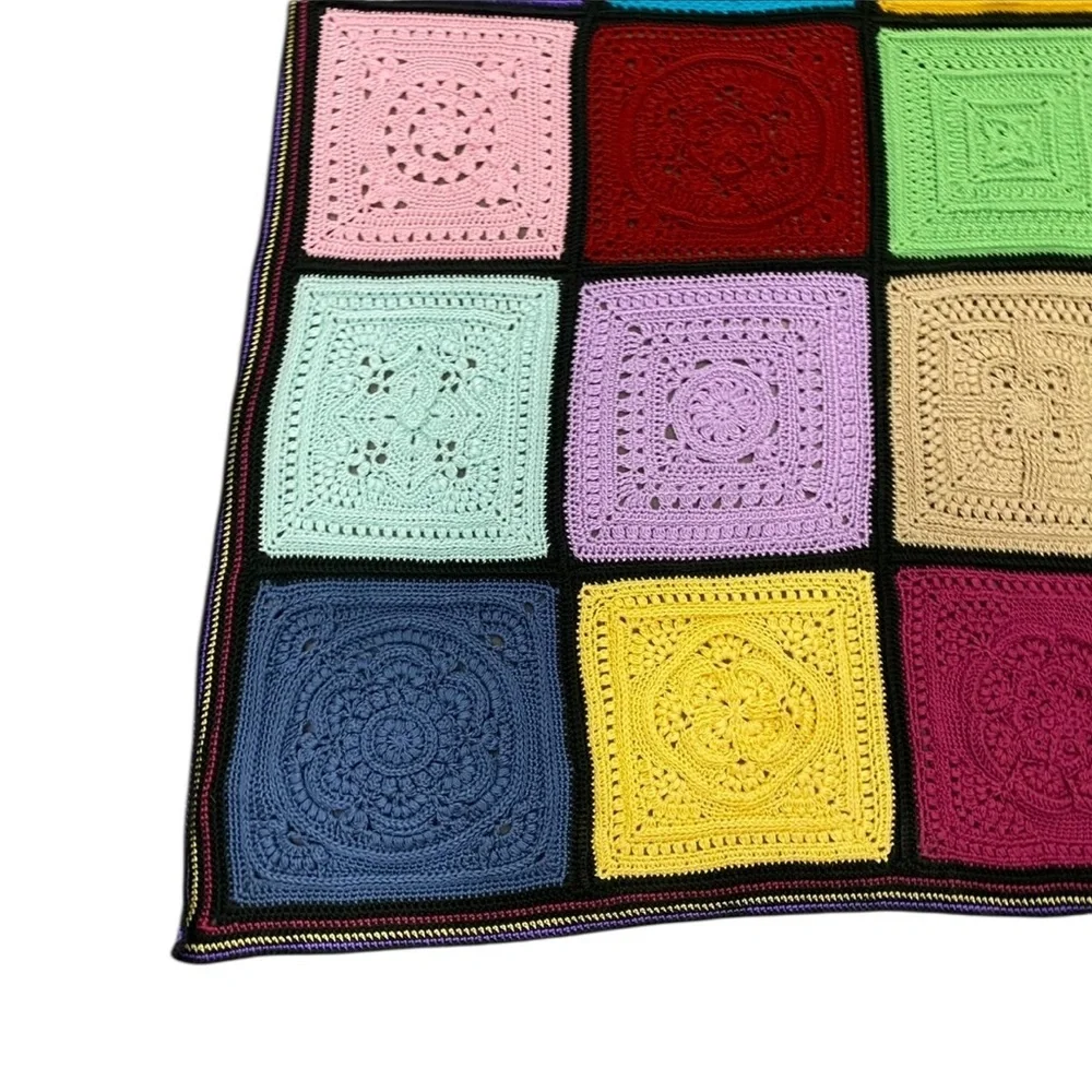 Vintage Granny Afghan Patch Crochet Knit Rainbow Throw Blanket 66” Square